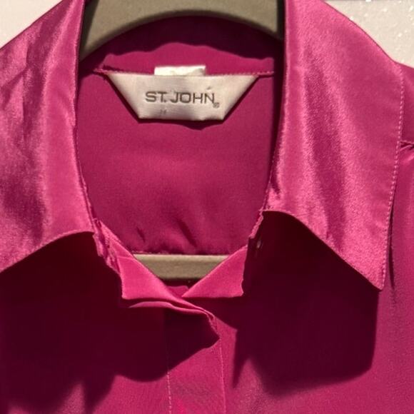 ST JOHN Satin Long Sleeve Button Front Long Sleeve Top Blouse Magenta Pink M - Picture 3 of 4